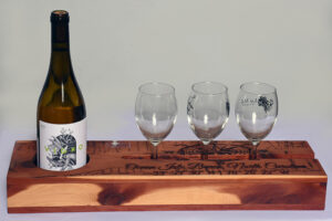 “Cedar Wine Server" holds a bottle of wine and glasses.