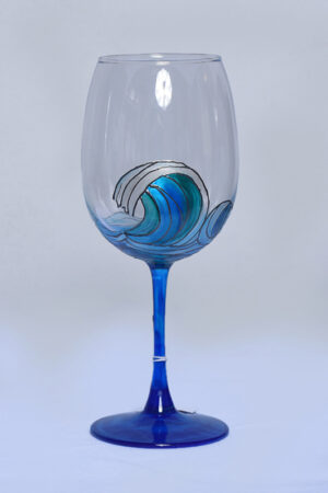 Ocean Wave Hand Painted Stemmed Tall Wine Glass